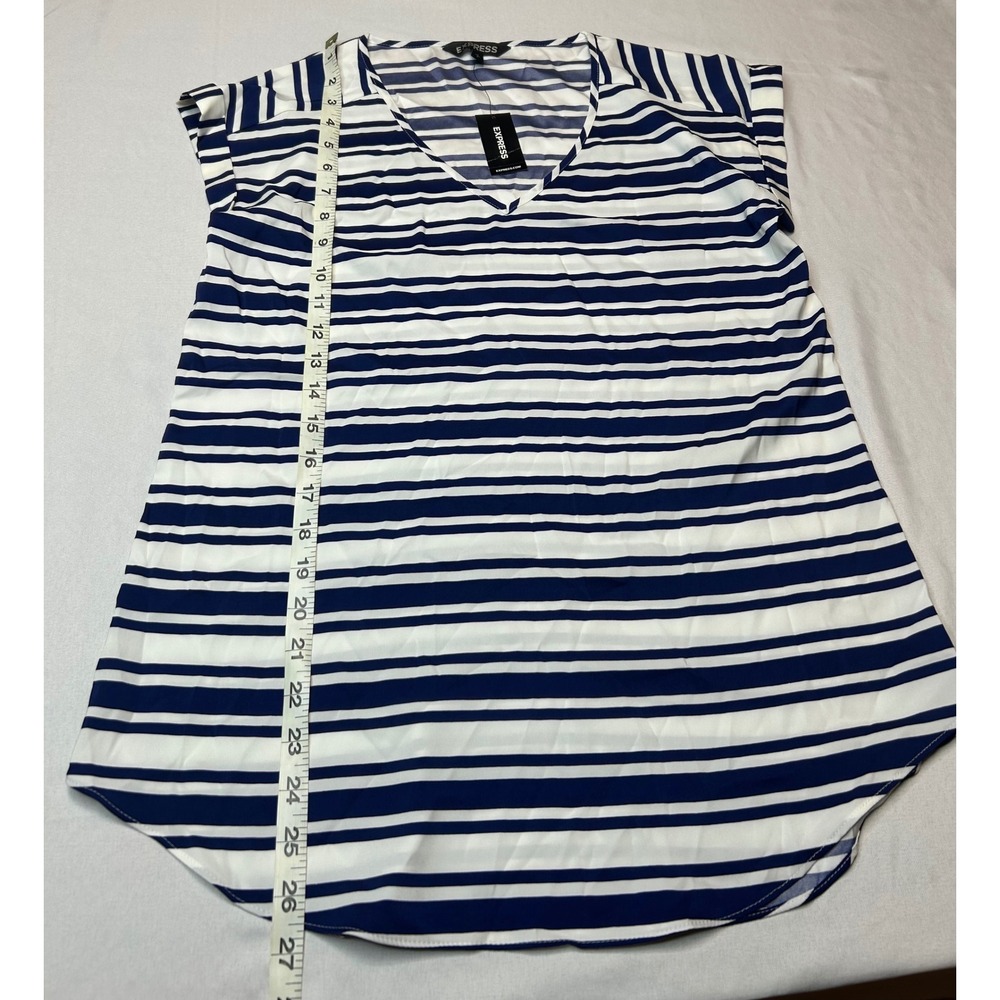 Express Womens Navy Blue White Striped V-Neck Short Sleeve Blouse Top NWT Small